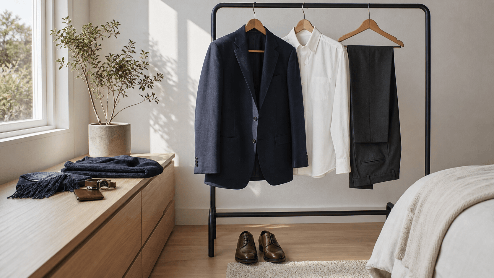 Realistic outfit rack with blazer shirt trousers shoes and accessories