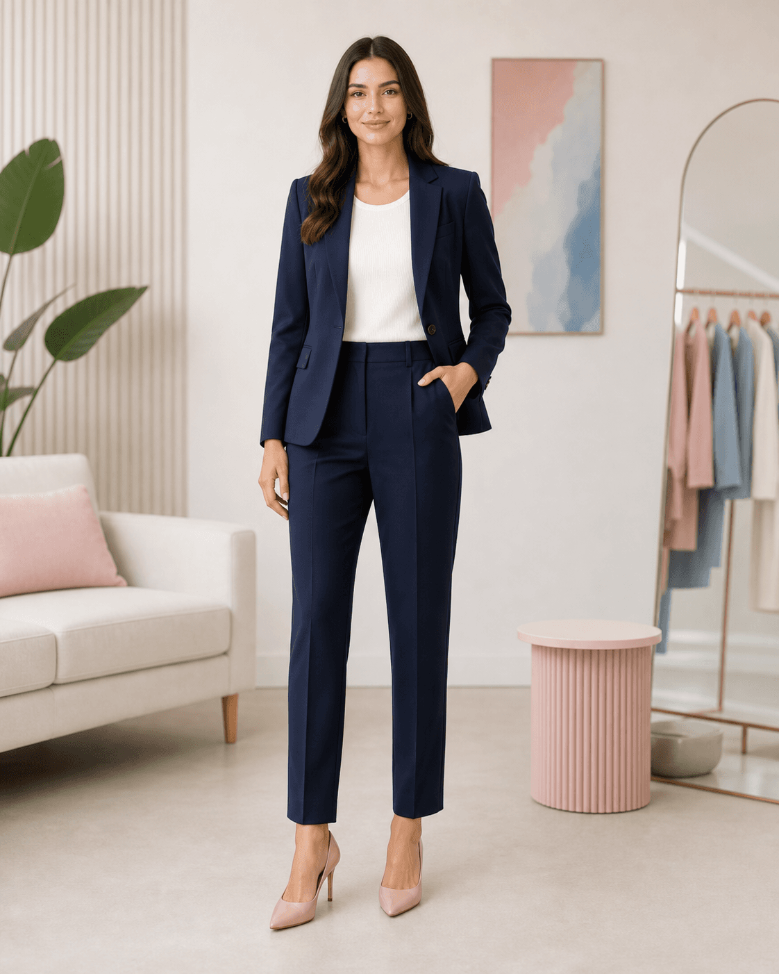 Result photo after changing clothes into a navy suit